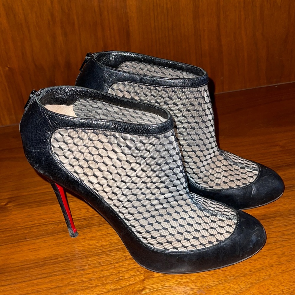 Authentic Christian Louboutin Black Suede Mesh Anna May Leather Ankle Boots
